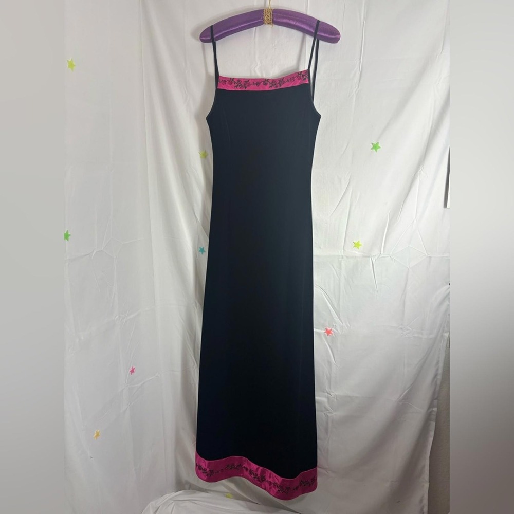 VTG 90s Whimsigoth Black Velvet Magenta Satin Rose Embroidered Maxi Dress Size L - Picture 16 of 16
